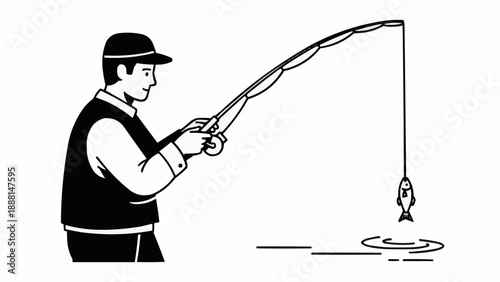 Man Fishing with Rod and Reel Catching a Fish.