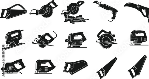 PrintElectric Power Saw and Hand Saw Vector Silhouette Icon Collection Featuring Miter Saw Circular Saw Jigsaw and Reciprocating Saw Tools Isolated on White Background for Carpentry