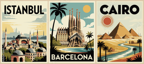 Retro mid-century travel poster triptych featuring Istanbul Hagia Sophia, Barcelona Sagrada Familia, and Cairo Pyramids in stylized illustrations.