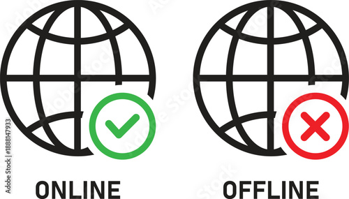 Internet connection status icon set. Online and Offline Internet Connection Icon set. showing online, offline, no signal, and connected network states
