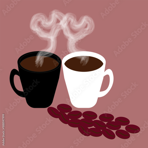 Black and White Coffee Cups with Heart Shaped Steam and Coffee Beans