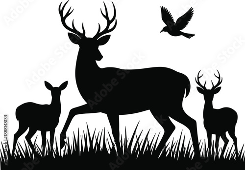 Black silhouette of a stag with two fawns and a bird in flight amidst tall grass against a white background