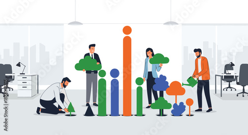 Business team planting abstract shapes into the floor of a corporate space symbolizing long term growth.