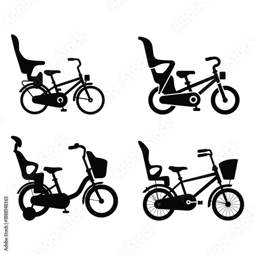 Four Black Silhouette Bicycles with Seats and Baskets