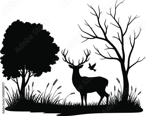 Deer silhouette amidst a sparse winter landscape with a bare tree and a leafy tree, a bird in flight