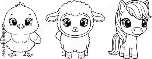 Cartoon Farm Animal Silhouettes Featuring Chick, Lamb, and Pony for Coloring Books, Educational Materials, and Kids’ Design Projects
