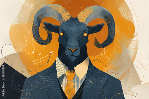 Capricorn represents ambition and leadership in a creative art piece featuring a ram in a suit with a background of orange and star patterns