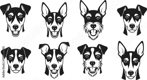 Stylized black and white dog face illustrations, cartoon-style pet expressions with varied ears, fur textures, and breed features