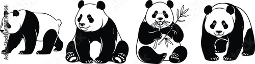 Stylized panda illustrations in natural poses, black and white cartoon animals walking, sitting, eating bamboo, and crouching