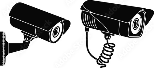 Surveillance Camera Silhouette Set Featuring Wall-Mounted and Wired Designs for Security, Monitoring, and Privacy-Themed Design Projects