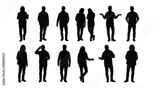 A collection of diverse black silhouettes depicting people in various poses and stances against a white backdrop