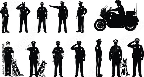 PrintPolice Officer Silhouette Vector Set Featuring Law Enforcement Characters In Various Poses Including Motorcycle Patrol K9 Units Saluting And Standing Isolated On White Background