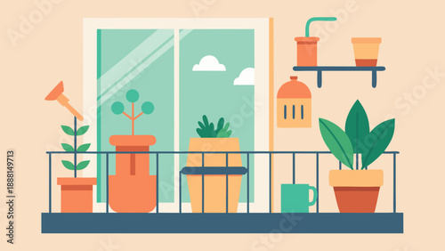 Illustration of a balcony garden featuring various potted plants, a watering can, and a window with clouds visible in the background