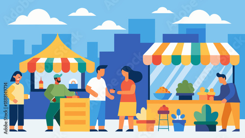 Colorful outdoor market scene with diverse people interacting at stalls selling food and plants, vibrant tents and city skyline in the background