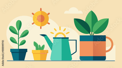 Illustration of various houseplants in colorful pots with a watering can and sun in the background, showcasing a vibrant indoor gardening scene