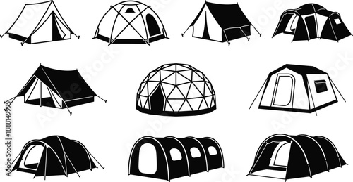 PrintSet of Black and White Camping Tent Icons Featuring Line Art and Silhouette Styles for Outdoor Adventure Travel Hiking Equipment and Recreational Graphic Design