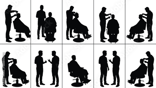 PrintSet of Black Barber Shop Silhouettes Featuring Hairdressers Cutting Hair Men Sitting in Salon Chairs and Stylist Consultations for Grooming Beauty and Professional Service Design