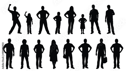 A collection of black silhouettes depicting diverse human figures in various poses and sizes arranged neatly