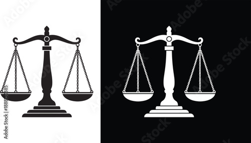 Justice scale silhouette icon set in black and white, legal balance symbol representing law, fairness, equality, court justice, judiciary concept, and legal authority illustration