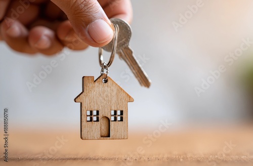 Hand holding house shaped key with keychain on blurred background