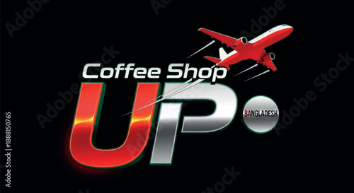 Coffee Shop UP logo with airplane and Bangladesh branding, modern, 3D effect, red and silver on black background