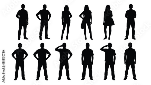 A collection of silhouettes depicting diverse individuals in various standing poses and formal attire high quality
