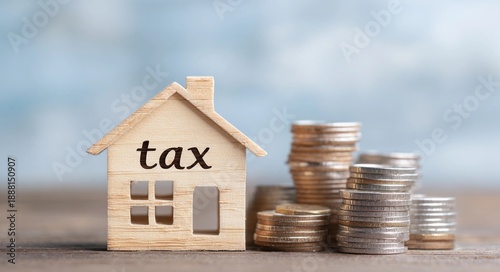 Property tax concept with wooden house and stacks of coins