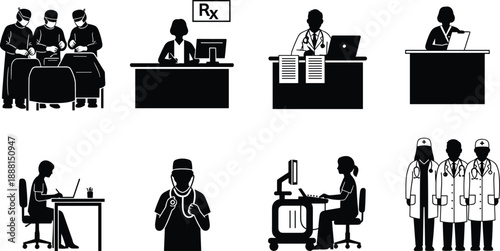 PrintSet of Black Medical Professional Silhouettes Featuring Surgeons Operating Doctors at Desks Nurses Working on Laptops and Healthcare Teams for Hospital and Clinical Design