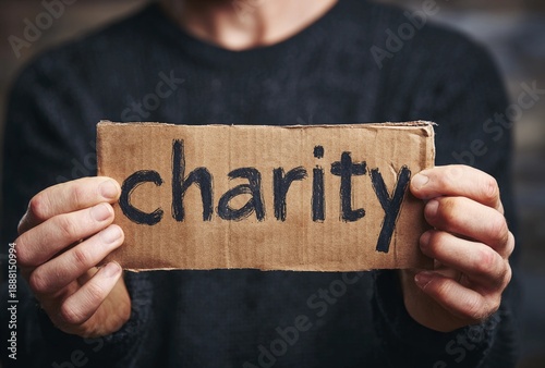 Person holding cardboard sign with word charity as symbol of help and social support
