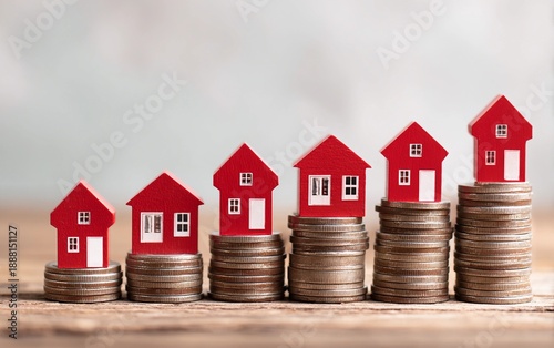 Growing real estate prices concept with red houses on stacked coins, property market growth and housing investment
