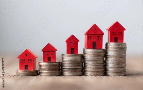 Rising real estate prices concept with red houses on stacked coins, housing market growth and property investment