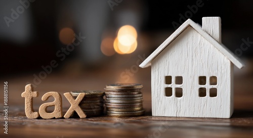 Property tax concept with wooden house, stacked coins and tax lettering on warm background