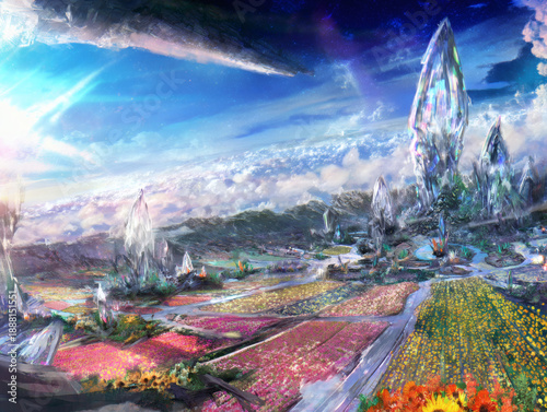 Breathtaking Serenity of a Utopian Alien Planet Where Rainbow Crystal Spires Guard Intensely Vibrant Flower Valleys Under a Cosmic Dawn