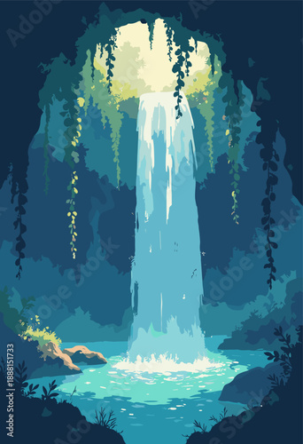 Mexico, hidden Cenote cave pool Shafts light coming down illuminating clear blue water Vines hanging down Romantic secret spot Flat