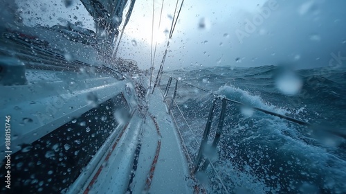 Sailboat cutting through powerful waves in challenging conditions with water drops on the lens