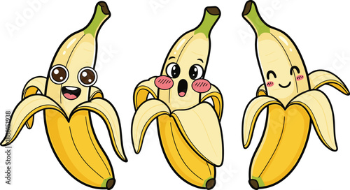 PrintSet of Cute Kawaii Banana Cartoon Characters Featuring Different Happy Facial Expressions and Peeled Skins for Healthy Fruit Snack Mascot and Children Sticker Illustrations