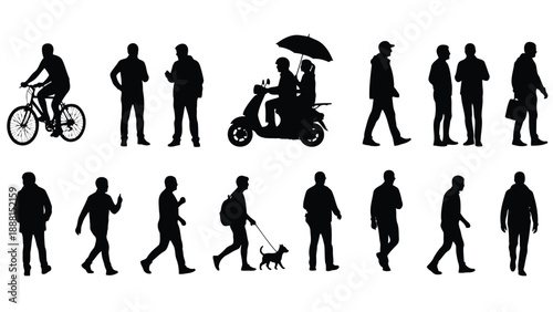 Silhouettes of people engaged in various daily activities like walking cycling and riding scooters high quality