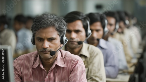 Indian call center agents wearing headsets and concentrating on their work at office desks
