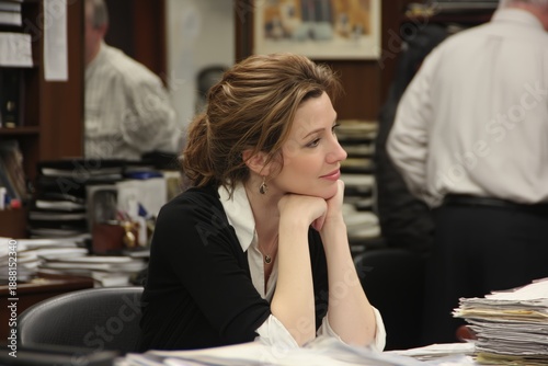 Young businesswoman contemplating while working at her busy office desk