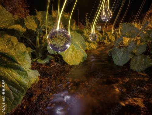 Ethereal Golden Streamlines Nourishing the Colossal Rhubarb Leaves Along a Secret Midnight Creek