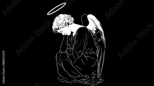 Stylized monochrome illustration of a sorrowful angelic figure with halo and wings, kneeling in despair on a black background, representing grief.
