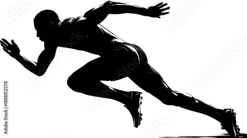 Dynamic silhouette of a male sprint runner exploding from the starting blocks, representing speed, power, and athletic competition.
