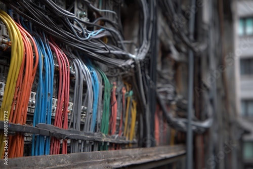 Tangled colorful wires creating a complex infrastructure for urban connectivity and communication