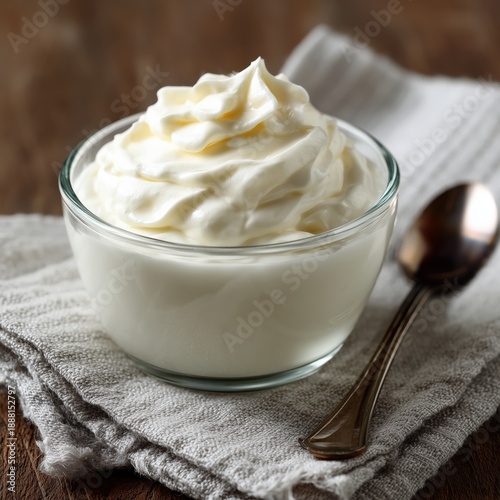 Whipped yogurt in a bowl, ready for eating, on a rustic wooden table