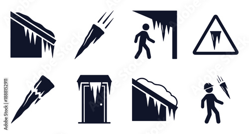Falling icicle danger icon set. Stick figure black silhouettes - warning sign, icy roof edge, frozen spikes, melting ice, injured pedestrian. Flat vector pictograms