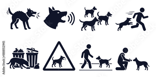 Stray dog danger icon set. Stick figure black silhouettes - barking attack, aggressive pack, chasing human, scavenging trash, warning sign. Flat vector pictograms