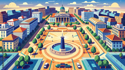 Very beautiful aerial perspective of Unirii Square reveals symmetrical boulevards, fountains, and surrounding city blocks, emphasizing the grand urban scale and modern character of Bucharest’s central