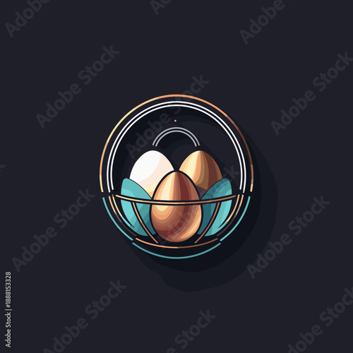 Three decorative eggs in basket with teal leaves on dark background