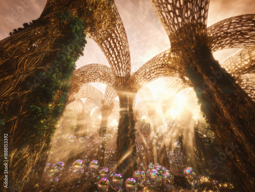 Ephemeral Radiance Illuminating the Woven Golden Arches of a Secret Numinous Sanctuary, Where Iridescent Orbs Rest in the Dawn Mist