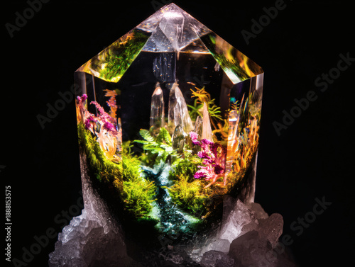 A Luminous Microcosm of Moss and Pink Amaranth Sealed Eternally Inside a Prismatic Quartz Scepter